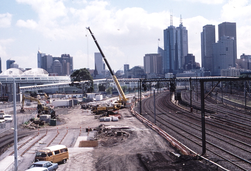123238: Richmond (up side), MCG Footbridge Tramway construction in progress looking towards Flinders Street