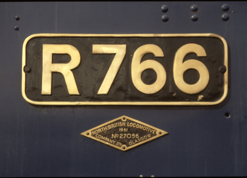 130373: Newport Workshops Steamrail Depot Number and North British Makers' plates on R 766 (27056-1951),