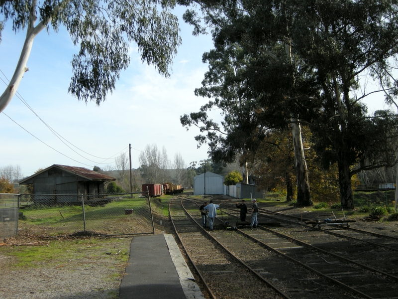 135349: Healesville Looking West from platform Gang replacing sleepers in No 2 Road