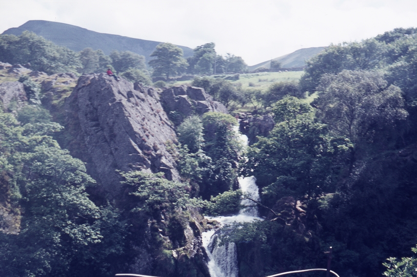401393: near Llanberis Caernarvonshire Wales Waterfall viewed from rack railway