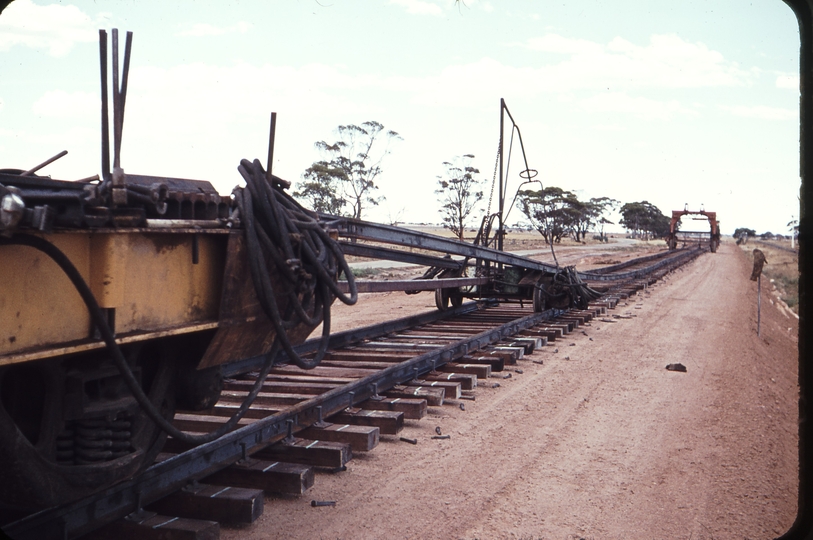 106825: Doodlakine down side Work Train and Straddle Crane at End of Steel on Standard Gauge Line Looking East