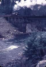 110180: Near Nanaimo River Mill BC Northbound Empty crossing combined road - rail bridge MacMillan Bloedel 1055