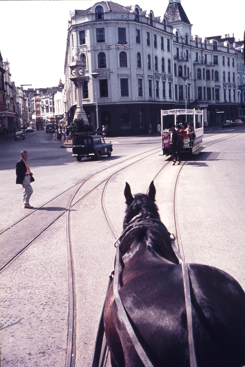 111229: Douglas Horse Tramway Victoria Quay IOM Southbound Car viewed over Horse of Northbound Car