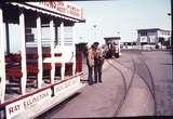 111238: Douglas Horse Tramway Victoroa Quay IOM Southbound Car waiting and Northbound Car about to depart