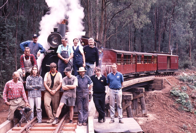 120958: Bridge 8 Curved Trestle Down Works Train 14A from previous entry Seated Bernie Stevenson Standing on footplate Peter Bruce Herb Warren Norm Mauger Kevin Baensch