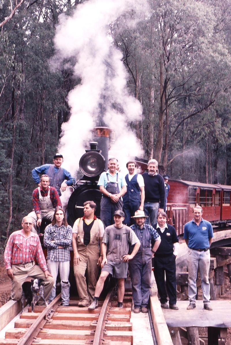 120959: Bridge 8 Curved Trestle Down Works Train 14A Team as listed on two previous entries Driver Don Marshall obscured Fireman Cliff Simmons