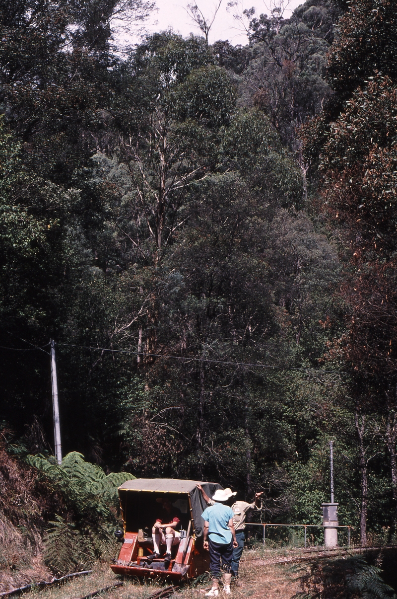 122148: Bogong Tramway First Weir looking downstream Battery Electric Personnel Carrier