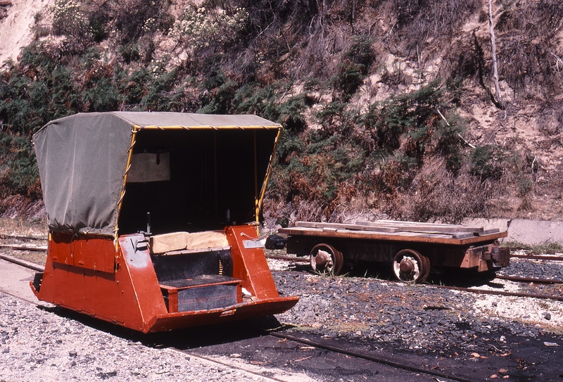 122151: Bogong Tramway Penstock Terminus Battery Electric Personnel Carrier and in background trailer