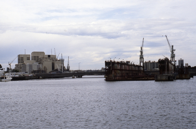 133382: Melbourne Victoria World Trade Centre Webb Dock Rail Link Bridge and Duke and Orr's floating dry dock looking upstream