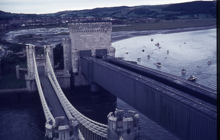 133394: Conway Caernarvonshire Wales Telford's suspension road bridge and R Stephenson's box girder railway bridge