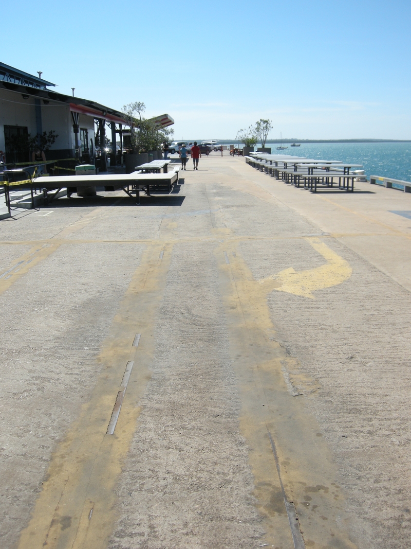 137049: Stokes Street Wharf Showing filled in rail tracks looking towards shore