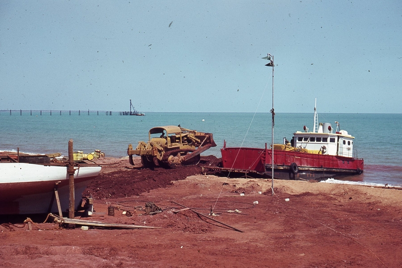 400105: Groote Eylandt NT BHP site Milner Bay unloading D9 from Barge 'Hawk'