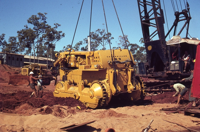 400112: Groote Eylandt NT BHP site Milner Bay unloading D9 from barge 'Hawk'