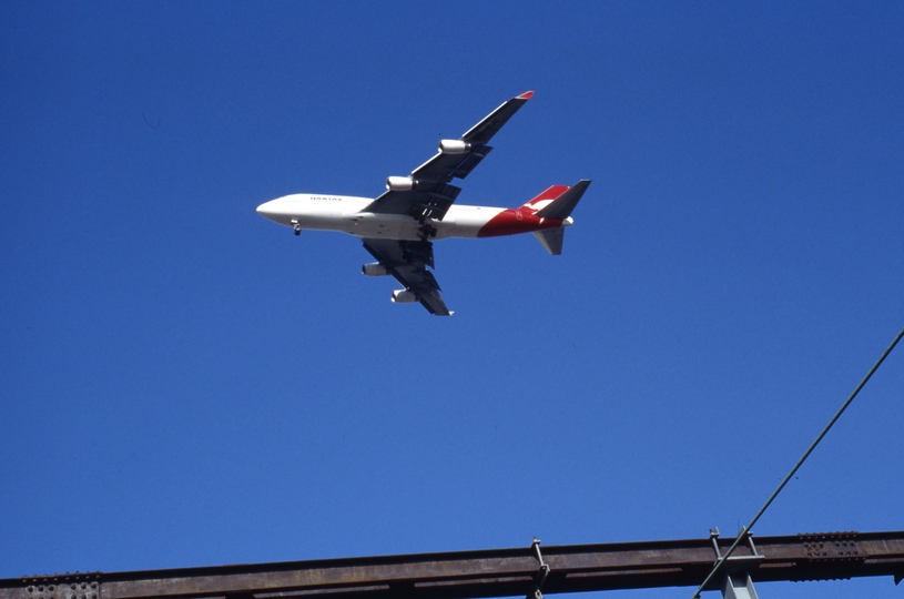 400612: Qantas B747 Aircraft on landing run to Sydney Airport NSW Viewed from Stanmore Railway Station