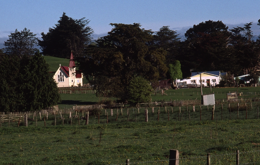 400834: View from Ormondville Railway Station North Island NZ Church in distance