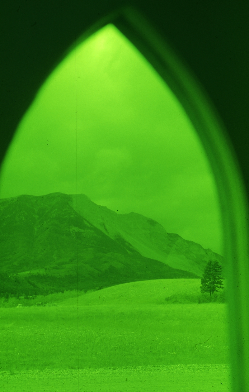 401174: Frank AB Canada Frank Slide viewed through window of Back to God Chapel